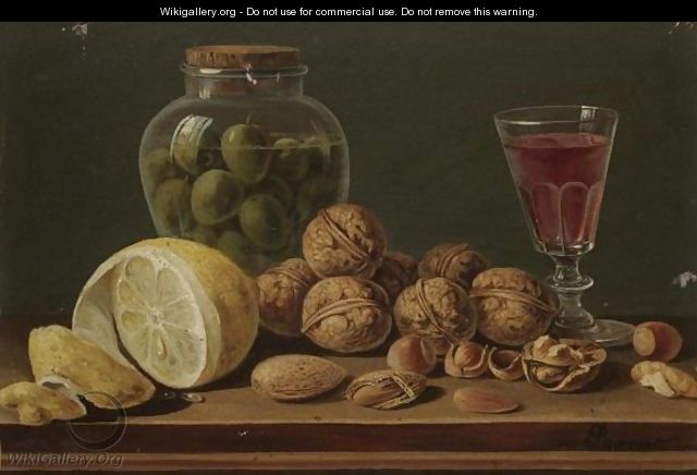 Still Life With Walnuts, Olives In A Glass Jar, A Partly Peeled Lemon And A Glass Of Red Wine - Miguel Parra