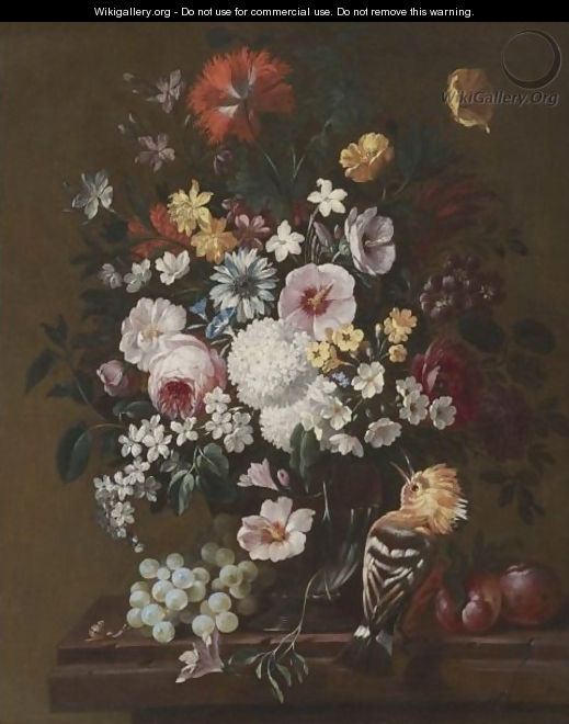 A Still Life With Flowers In A Glass Vase With A Hoopoe, Plums And A Bunch Of Grapes - Philip Van Kouwenbergh