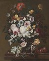A Still Life With Flowers In A Glass Vase With A Hoopoe, Plums And A Bunch Of Grapes - Philip Van Kouwenbergh
