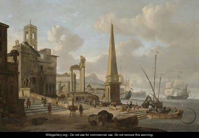 A Capriccio Of A Mediterranean Harbour With Roman Ruins And Men Unloading Cargo In The Foreground - Abraham Storck
