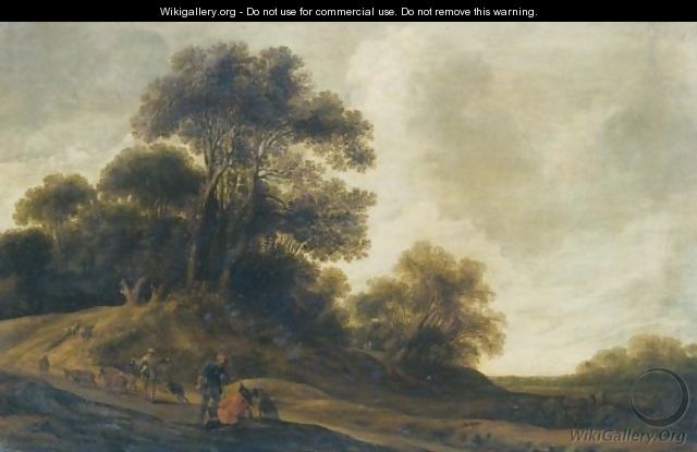 A Dune Landscape With Travellers Resting Beside A Road, A Shepherd Driving His Flock Towards A Wood Beyond - Pieter Jansz. van Asch