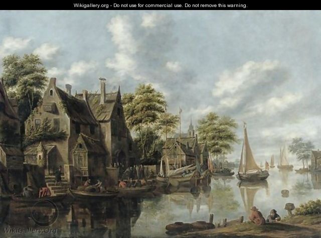 A River Landscape With Figures Outside A Tavern And Yachts Moored Alngside A Houses - Thomas Heeremans