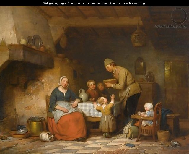 A Peasant Family Gathered Around The Kitchen Table - Ferdinand de Braekeleer