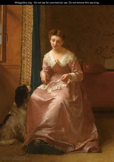 A Young Girl In A Pink Dress With Playing Cards - Florent Willems