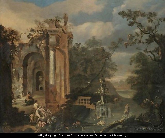 An Italianate Landscape With Various Nymphs Bathing And Resting Amongst Ruins - Dutch School