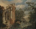 An Italianate Landscape With Various Nymphs Bathing And Resting Amongst Ruins - Dutch School