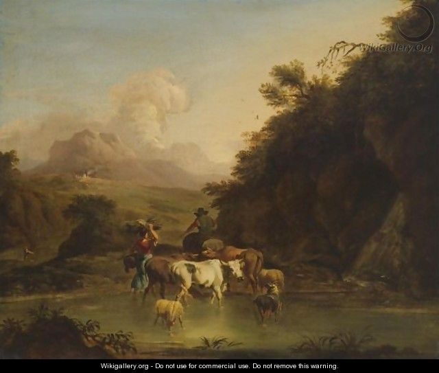 A Drover Passing Through A Stream With His Cattle Accompanied By A Peasant Woman - (after) Nicolaes Berchem