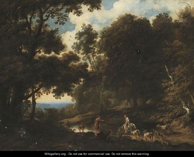 A Wooded Landscape With Drovers Watering Their Herd - Cornelis de Bie