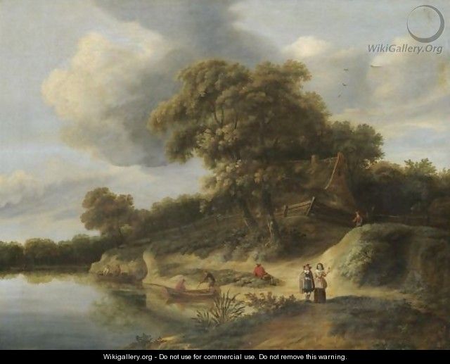 A River Landscape With Figures In Rowing Boats And An Elegant Couple On The River Bank - Hendrick Van Der Straaten