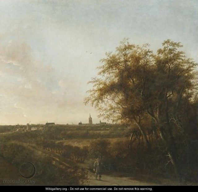 An Extensive Landscape With A Man And His Dog On A Sandy Road, The Hague In The Distance - Anthony Jansz van der Croos