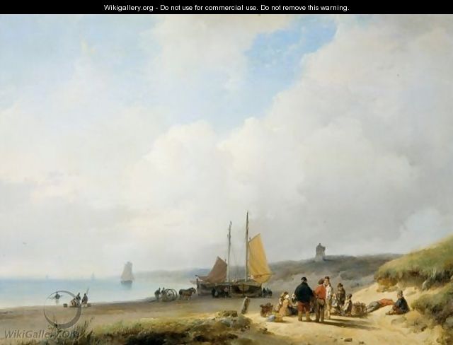 Figures On The Dutch Coast, A Lighthouse In The Distance - Andreas Schelfhout