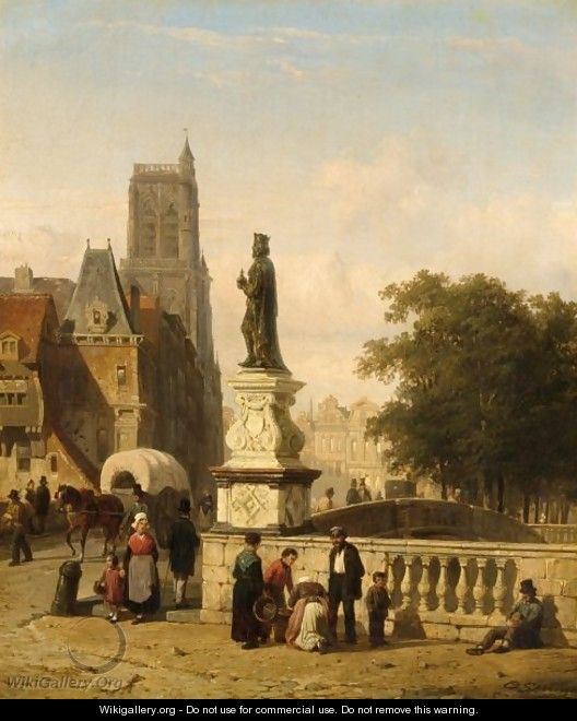 A View Of A Town In Summer With Town Folk Near A Bridge - Cornelis Springer