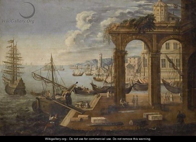 A Mediterranean Harbour Scene With Ships Unloading Their Goods On The Quay - Italian School
