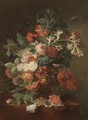 Still Life With Roses, Morning Glory, Orange Blossom And Various Other Flower Together In An Urn On A Stone Ledge - (after) Huysum, Jan van