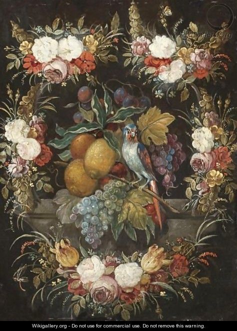 Still Life Of Grapes, Plums, Lemons An Orange And A Parrot Surrounded By A Garland Of Flowers - Flemish School