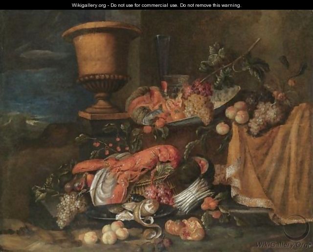 A Still Life With A Lobster Together With Grapes, Melons, Figs Pommegranates And Various Other Fruits - Jan Pauwel II the Younger Gillemans