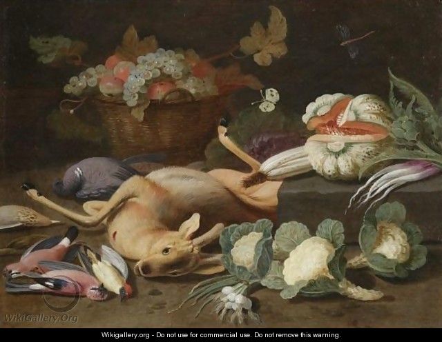 Still Life With A Basket Of Fruit, Cauliflowers, A Melon, Leeks, Radishes And Other Vegetables - (after) Jan Van Kessel
