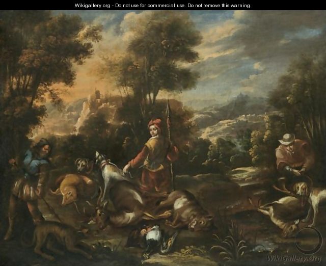An Italianate Landscape With Huntsmen Resting In The Foreground With Their Bag - North-Italian School