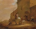 A Landscape With Horsemen Leaving An Inn, Together With Their Dogs, A Man Feeding Other Dogs To The Right - (after) Pieter Boddingh Van Laer