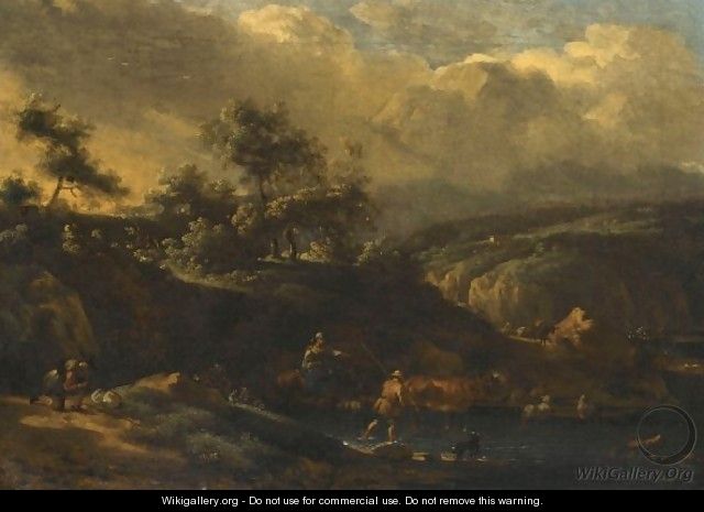 An Italianate Landscape With Shepherds Crossing A Stream With Their Flock - Jan van der the Younger Meer
