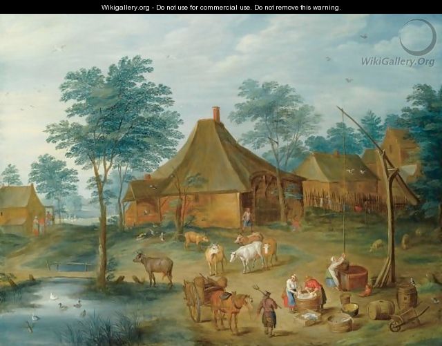 A Farmyard With Peasants Washing Clothes Near A Draw-Well, A Peasant With His Horse-Drawn Cart In The Foreground - (after) Isaak Van Oosten