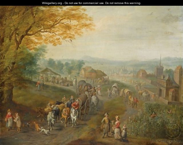 A Landscape With Travellers With Horse-Drawn Wagons On A Path, A View Of A Town Beyond - Karel Beschey