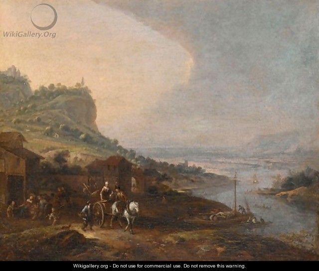 An Extensive River Landscape With A Horse-Drawn Cart Near A Tavern - (after) Jean Francois De Wouters