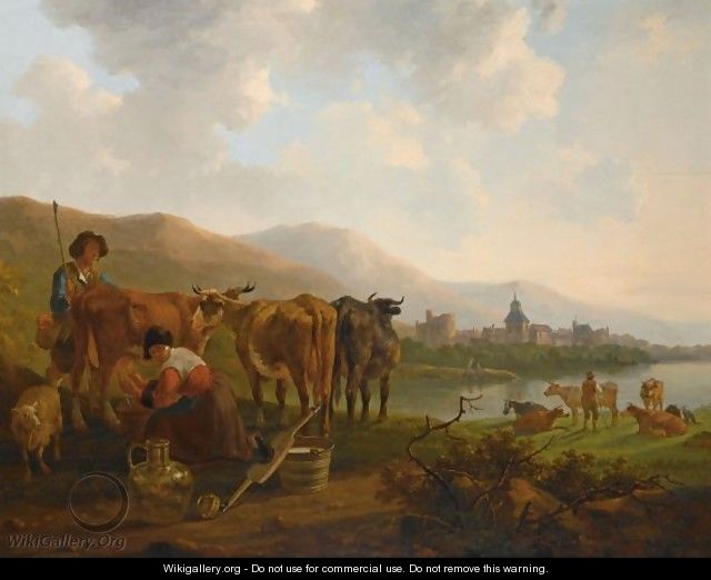 A River Landscape With A Shepherd And His Cattle Together With A Milkmaid Milking A Cow, A Town Beyond - Jacob van Strij