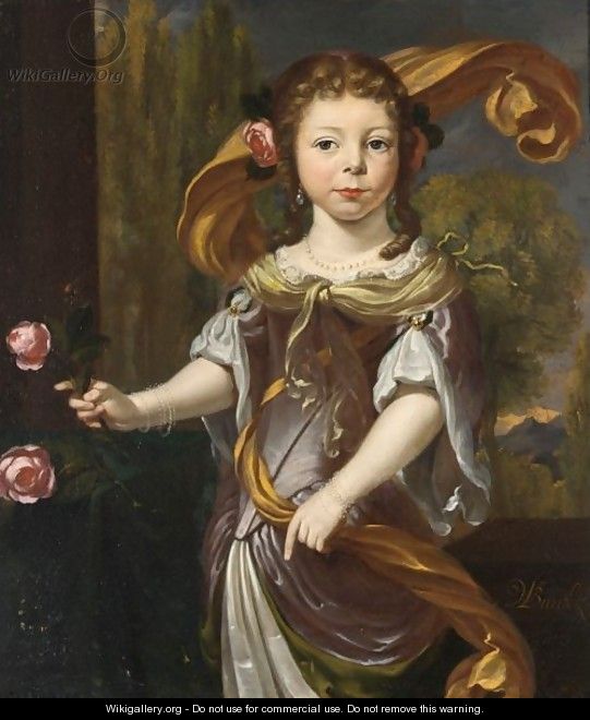 A Portrait Of A Young Girl, Standing Three-Quarter Length, Wearing A Purple And White Dress - W. Braeckel