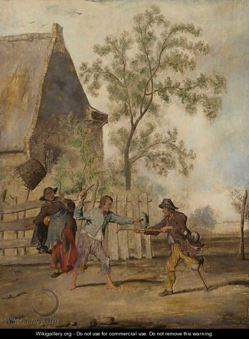 Two Beggars Fighting Near A Farmhouse - Margareta De Heer