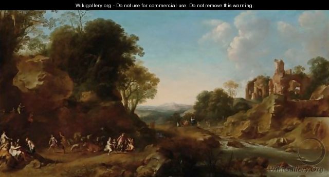 An Extensive Italianate Landscape With A Bacchanale, Other Bacchantes On A Bridge In The Background Near Ruins On A Hill - Dirck van der B Lisse