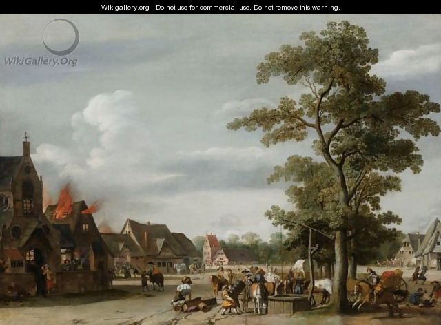 Soldiers Plundering A Village With Horse-Drawn Wagons Near A Draw-Well In The Forground And Houses Burning On The Left - Pieter Jansz. Post