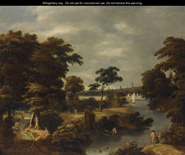 A Wooded River Landscape With Several Men Bathing, Travellers On A Path To The Left - Jan Looten