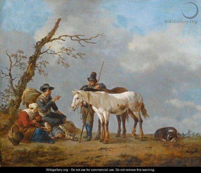 A Family And A Traveller Conversing Near A Tree, Together With Their Horses And A Dog In A Landscape - Johannes Lingelbach