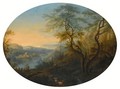 Mountainous Italianate River Landscape With Shepherds And Their Cattle, A View Of A Town With A Stone Bridge Beyond - German School