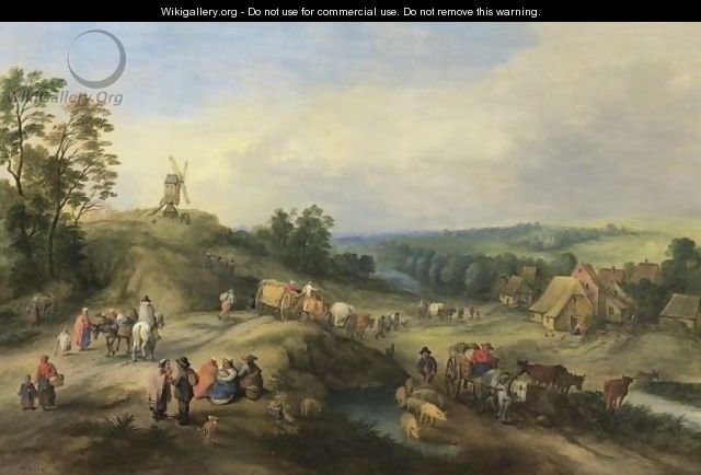 Landscape With Travellers And Waggons Approaching A Village - Theobald Michau