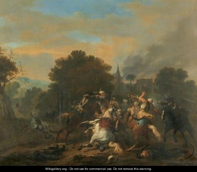 A Cavalry Skirmish Between Turks And Christians In A Wooded Landscape - Jan von Huchtenburgh