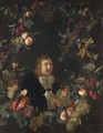 Portrait Of A Man, Possibly A Self-Portrait, Holding A Roemer Surrounded By A Garland Of Fruit Including Peaches, Grapes And Pomegranates - Abraham De Lust