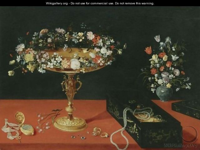 Still Life With A Garland Of Flowers On A Gold Tazza, A Box Of Jewellery, A Gold Pocket Watch And A Vase Of Flowers - (after) Jan The Elder Brueghel