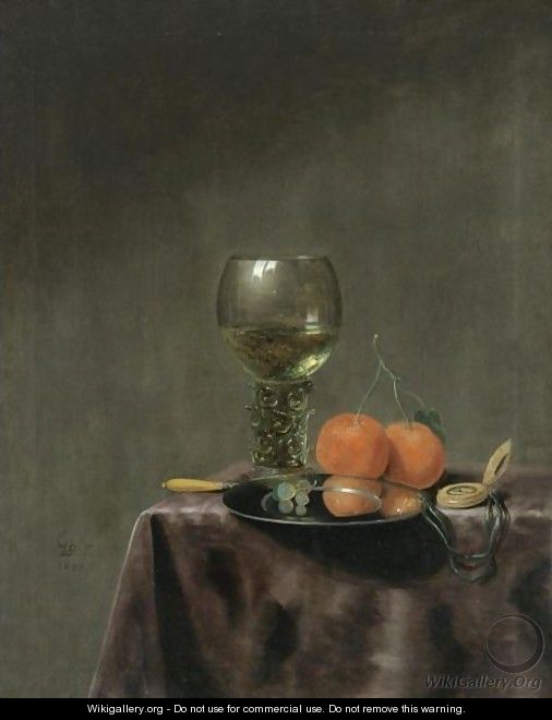 Still Life With A Roemer, Oranges, A Watch And A Silver Plate, All Arranged On A Draped Table - Gerard Van Berleborch