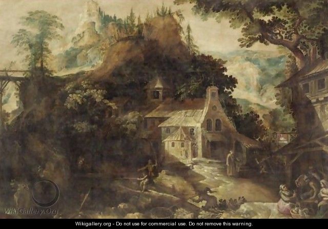 A Mountainous River Landscape With A Chapel And A Tavern, With Fishermen Nearby - Frederik Valckenborch
