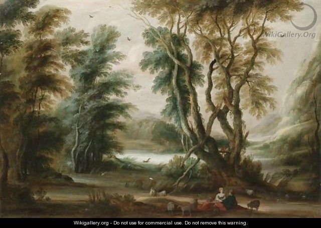 A Wooded River Landscape With A Shepherd And Shepherdess Resting Their Flock - Gysbrecht Leytens