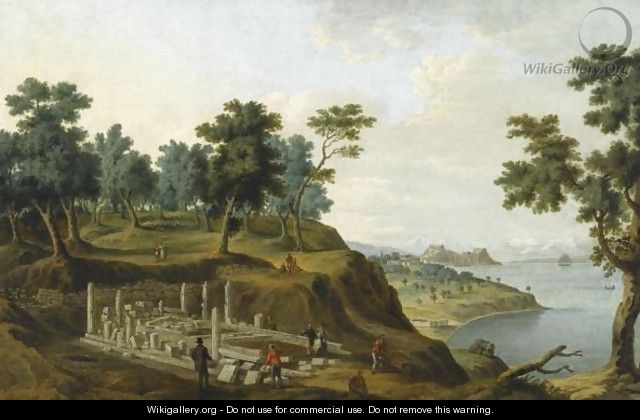 Figures Among The Ruins Of The Temple Of Artemis With The Citadel In The Distance, Corfu - Anton the Younger Schranz