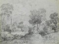 Wooded Landscape With A Traveller On A Country Road, A Church And Cottages Beyond - Thomas Gainsborough