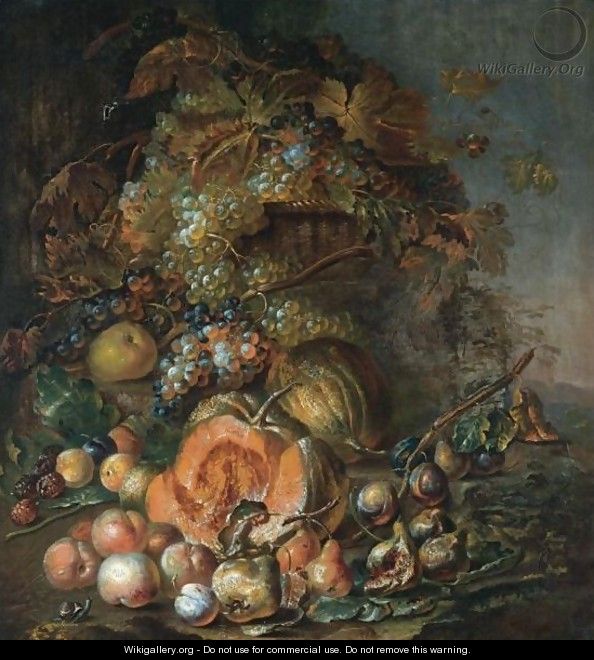 Still Life Of Melon, Peaches, Pears, And Grapes On The Vine In A Basket - Joseph Teal Cooper