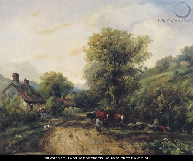 A Landscape With Drovers And Their Cattle On A Country Road - Frederick Waters Watts