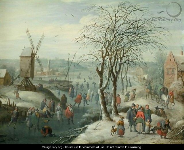 A Winter Landscape With Skaters On A Frozen River, A Village And Windmill Beyond - Karel Beschey