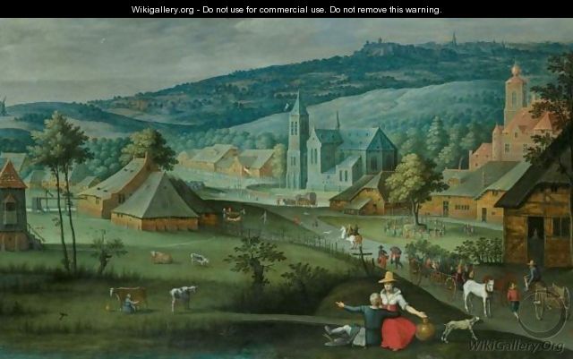 Landscape With A Wedding Procession Entering A Village, Figures Dancing Around A Tree On A Village Green - Flemish School