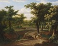 A Wooded Landscape With A Shepherdess And A Child On A Donkey On A Path Conversing With A Peasant Near A Stream - Frans Swagers
