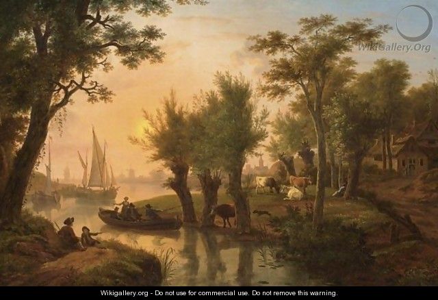 A River Landscape With Fishermen In A Boat Near A Meadow With Cows At Sunset, Sailing Vessels And A Town In The Background - Frans Swagers
